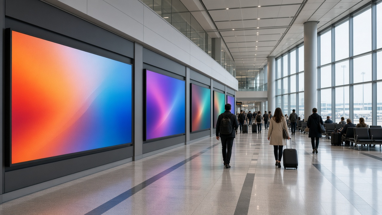 Digital screens in an airport departure hall